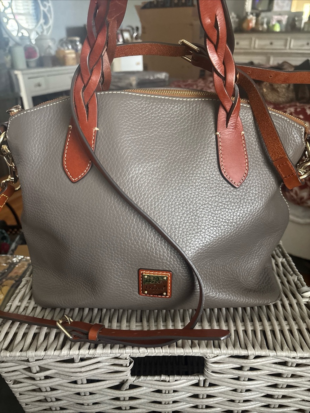 Dooney & Bourke Gray Pebble Leather Satchel with Brown Trim - Picture 2 of 12